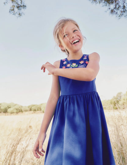 Jersey Cross-back Dress-Sapphire Blue Embroidery