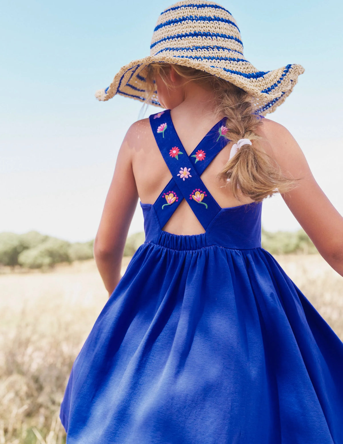 Jersey Cross-back Dress-Sapphire Blue Embroidery