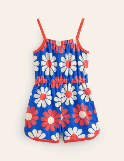 Strappy Towelling Romper-Cabana Blue Geo Daisy