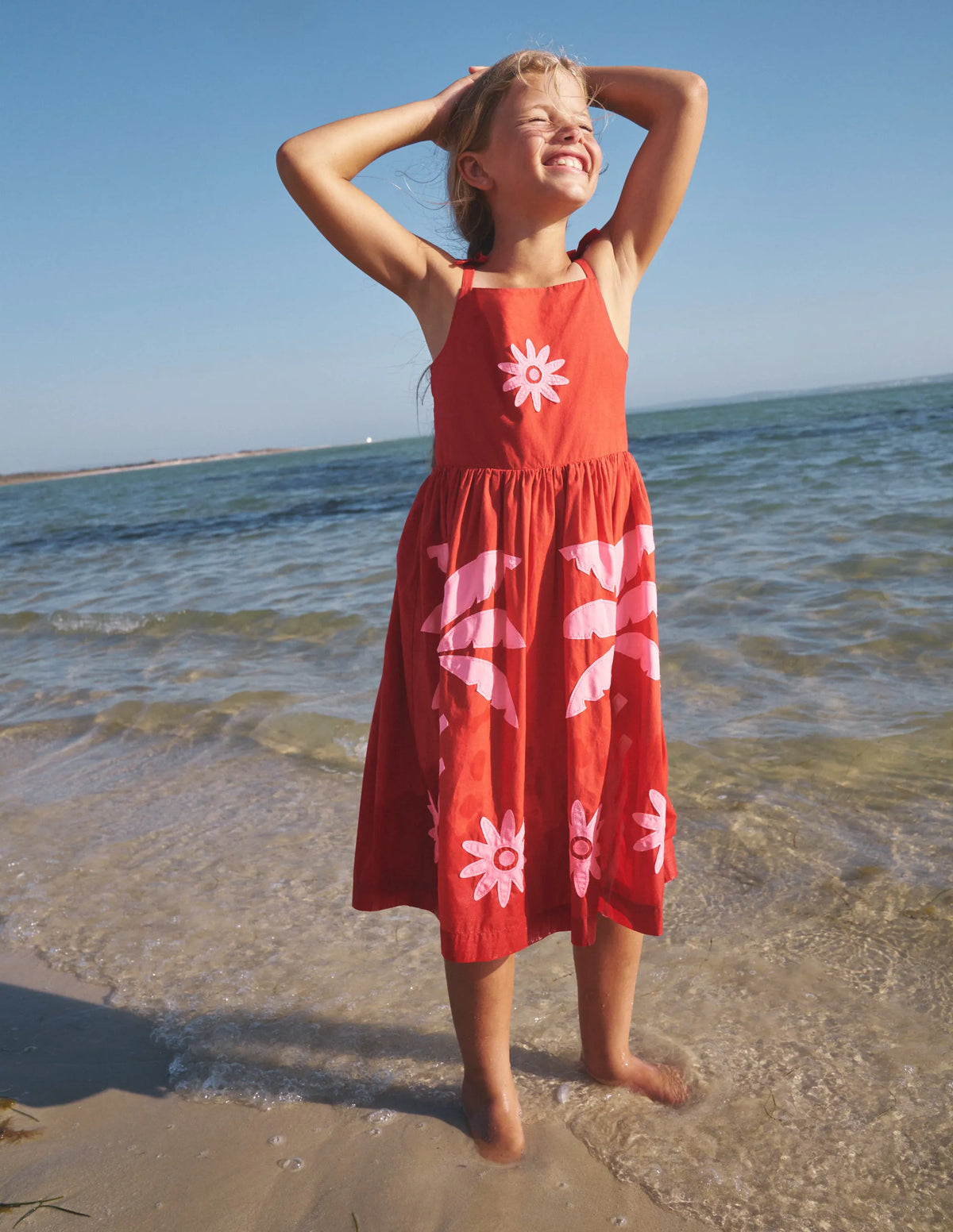 Appliqué Cotton Dress-Poppy Red Palms