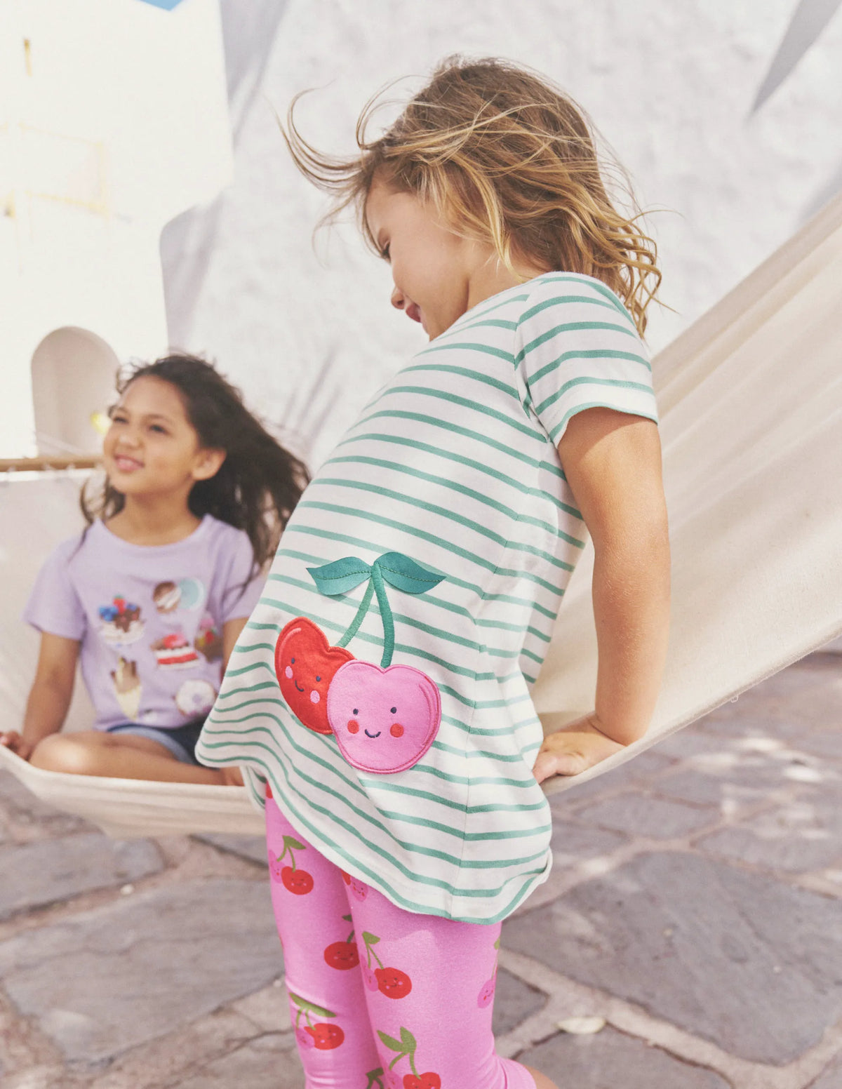 Fun Pocket Appliqué Tunic-Ivory/ Pea Green Cherries