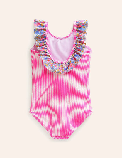 Frill Neck Swimsuit-Festival Pink Ticking Stripe