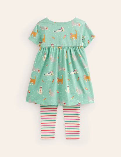 Short Sleeve Printed Tunic Set-Corsica Blue Holiday Cats
