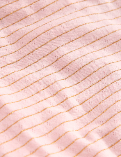 Long Sleeve Pointelle Top-Chalk Pink/ Gold Lurex Stripe