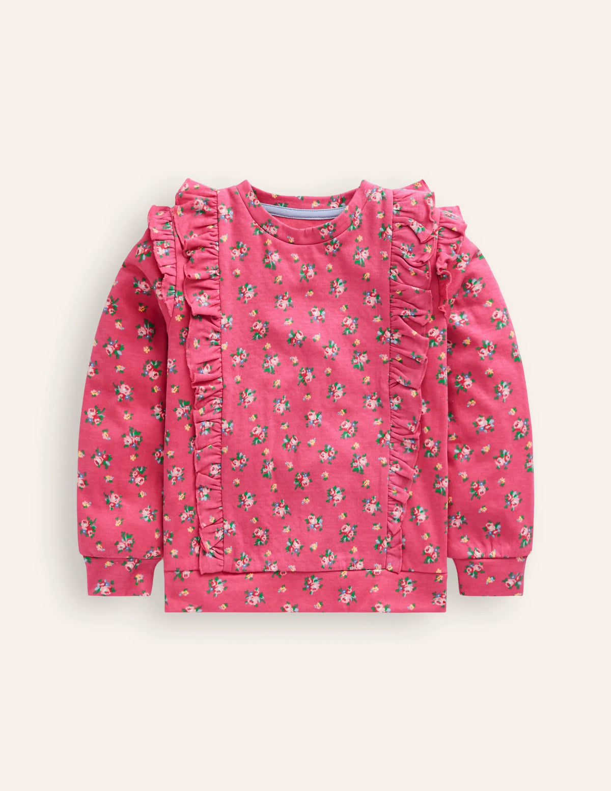 Frill Printed Sweatshirt-Rose Petal Pink Floral Bouquet
