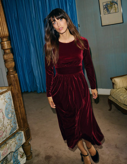 Thea Velvet Midi Dress-Cabernet