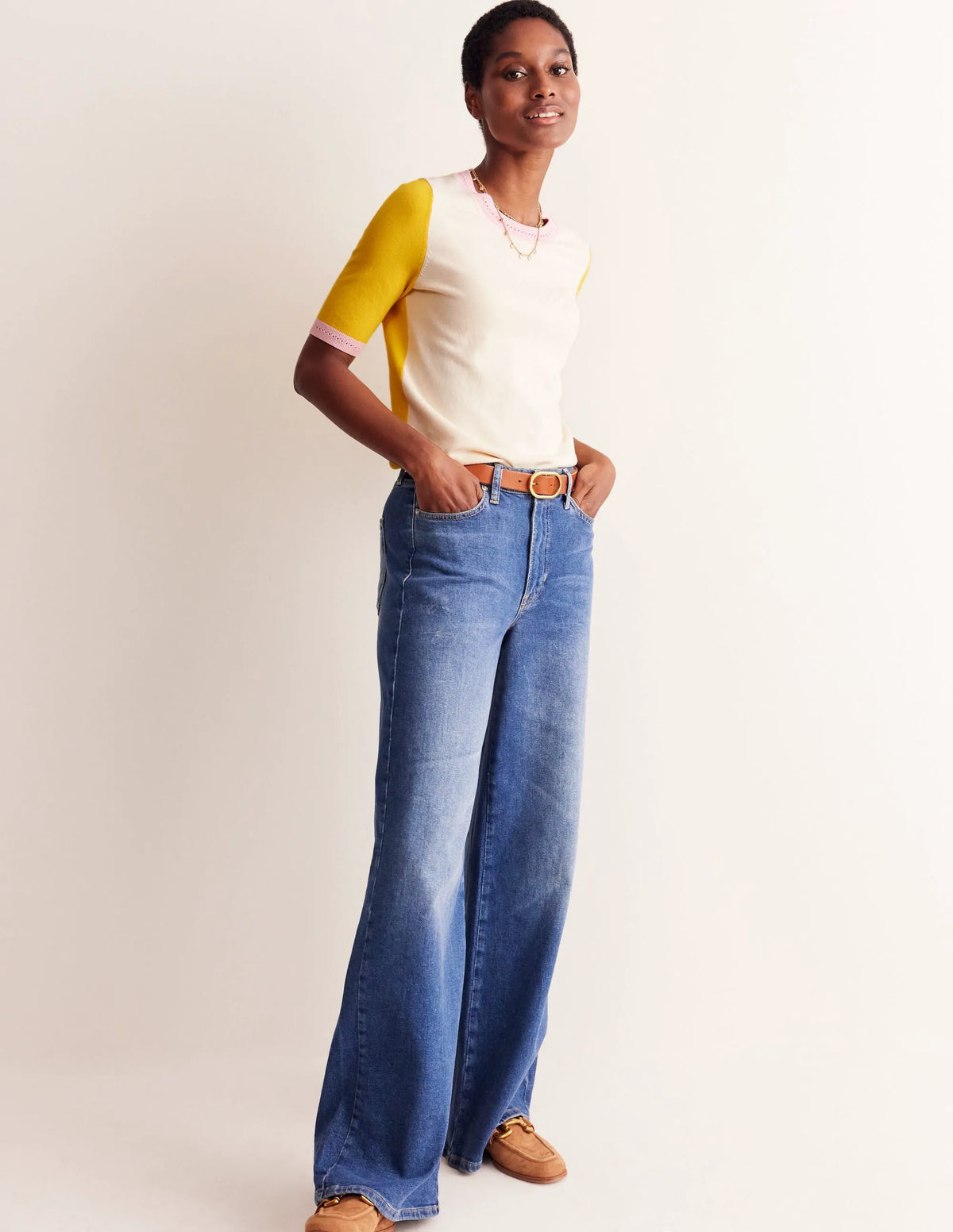 Catriona Cotton Crew T-shirt-Warm Ivory/ Mimosa Yellow