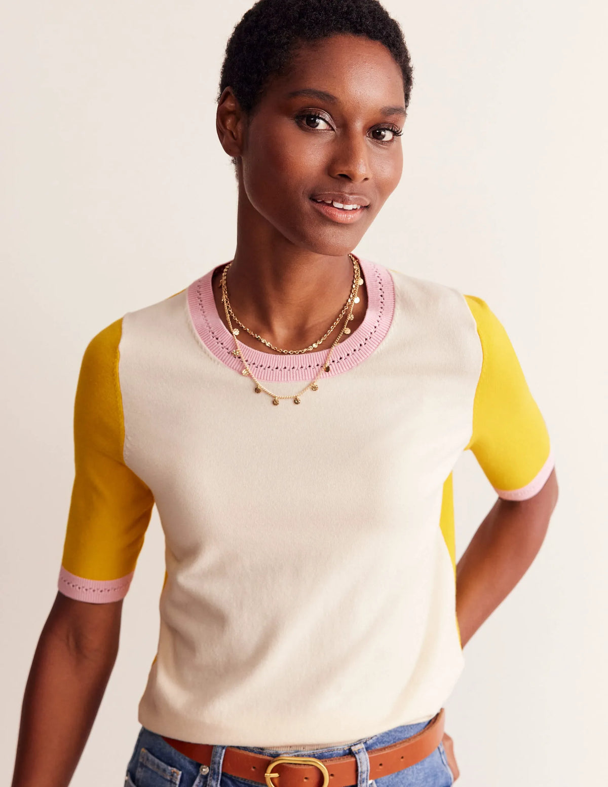 Catriona Cotton Crew T-shirt-Warm Ivory/ Mimosa Yellow