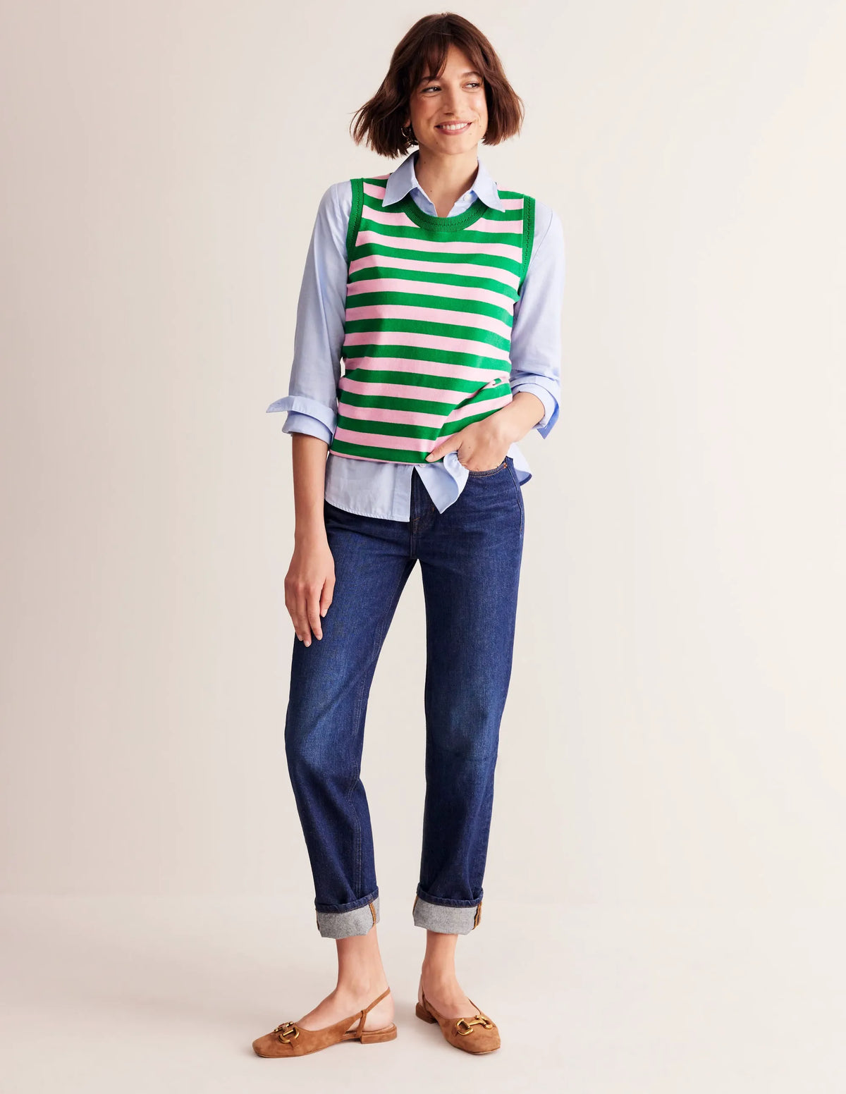 Catriona Crew Neck Cotton Vest-Old Rose, Rich Emerald Green
