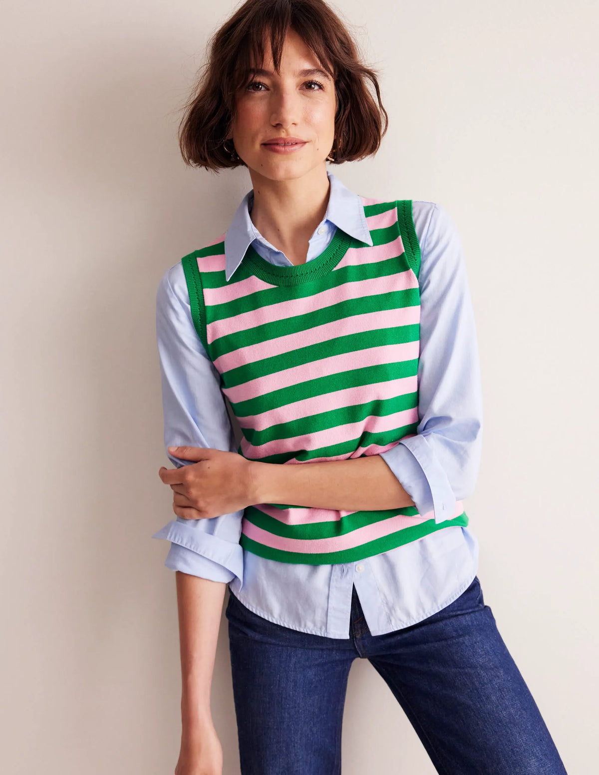 Catriona Crew Neck Cotton Vest-Old Rose, Rich Emerald Green