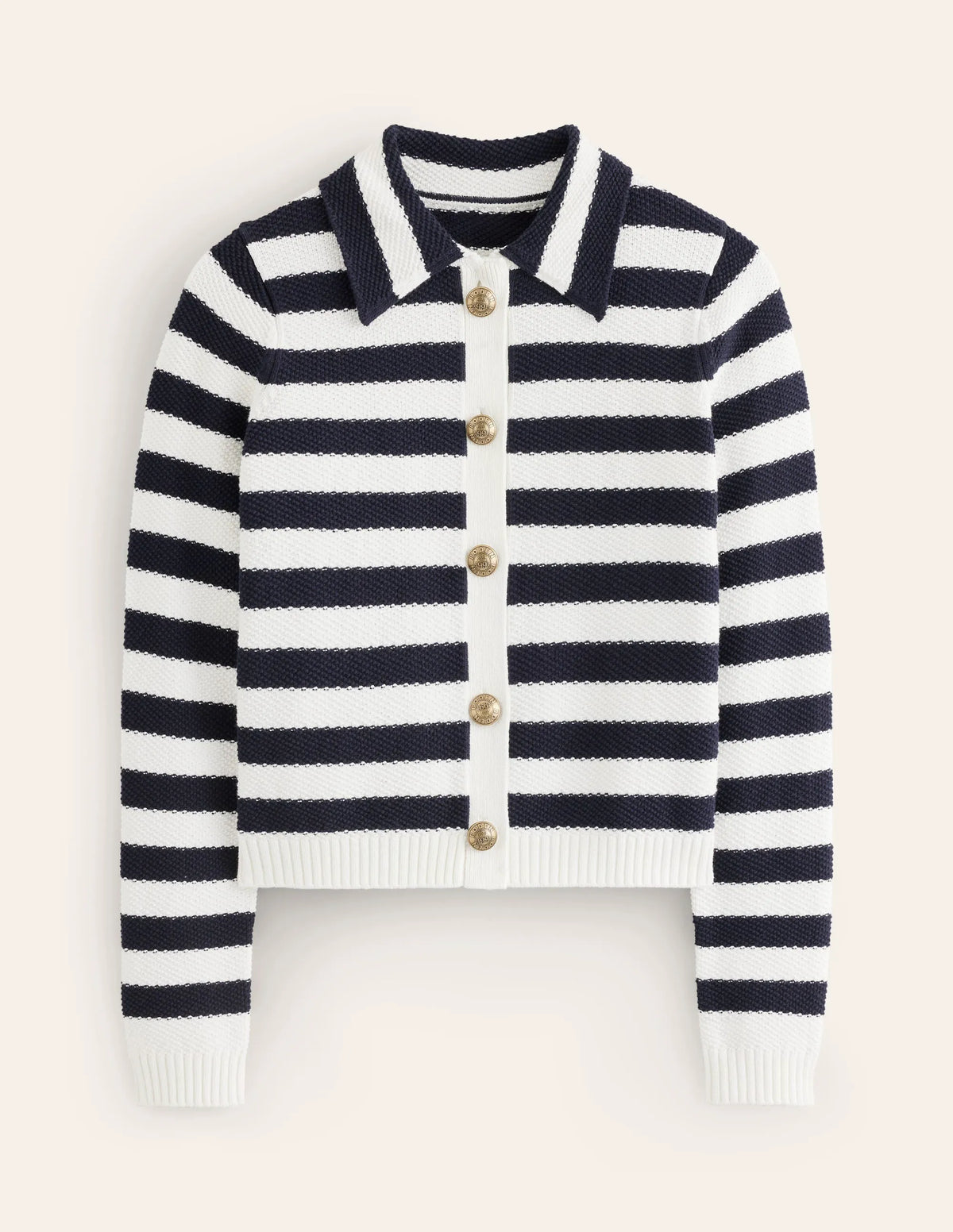 Collared Knitted Cardigan-Navy/ Ivory