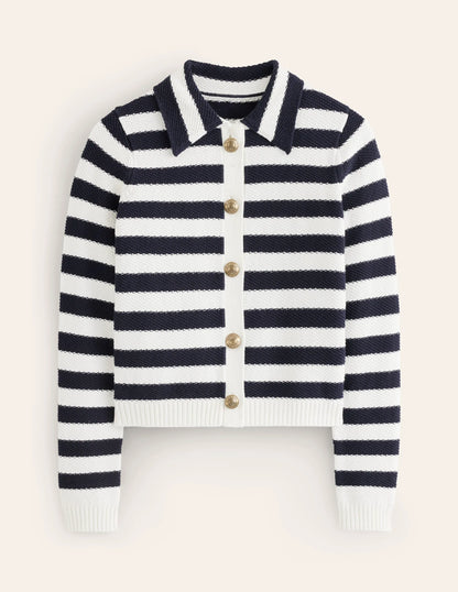 Collared Knitted Cardigan-Navy/ Ivory