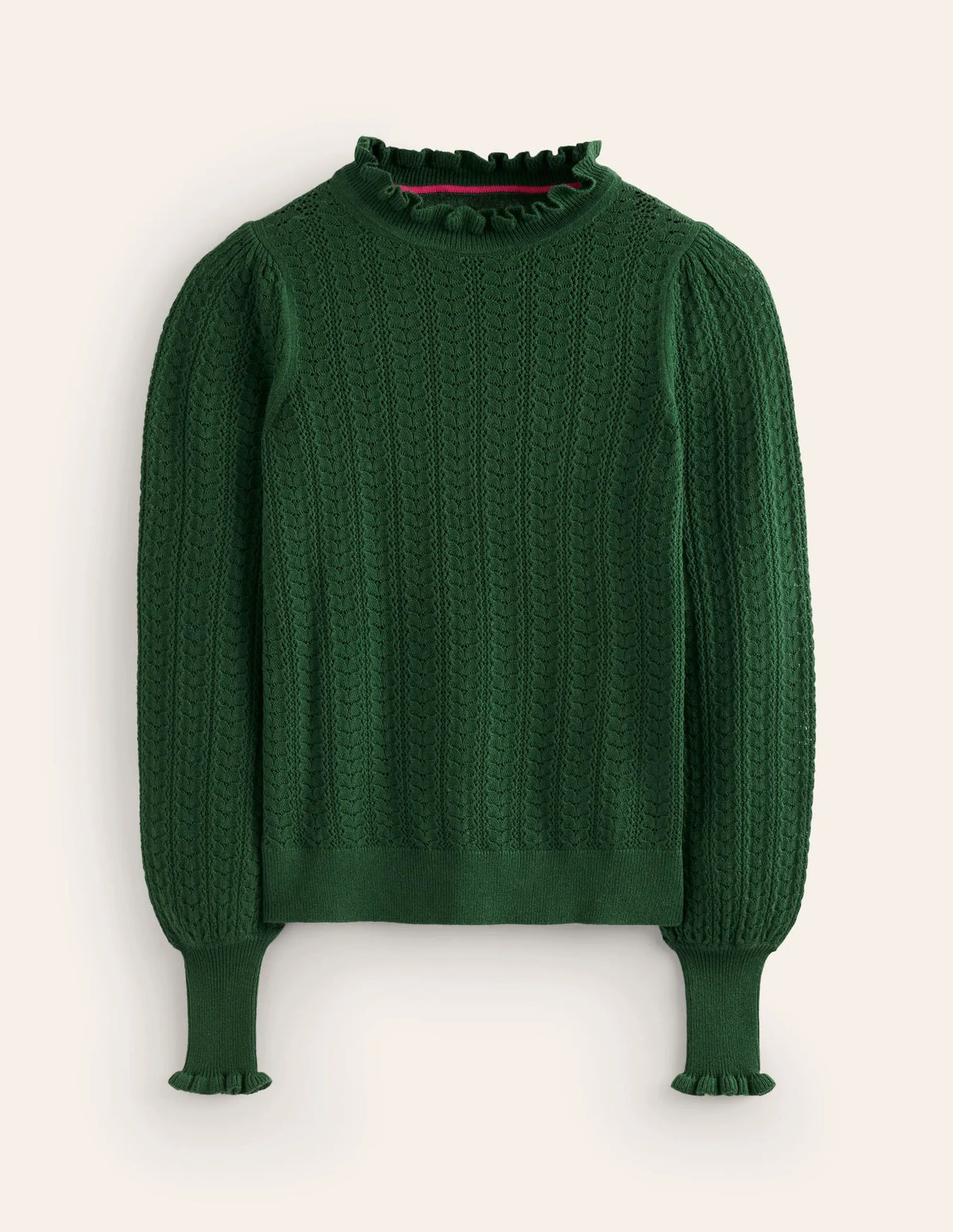 Tia Pointelle Frilled Sweater-Pine Green