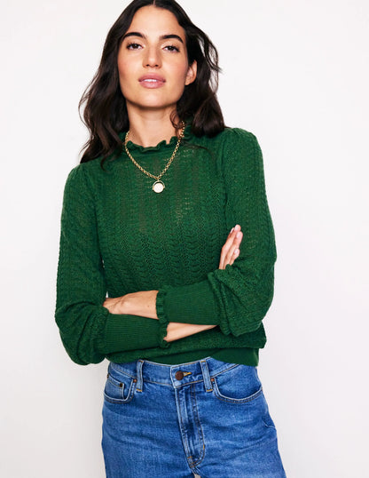 Tia Pointelle Frilled Sweater-Pine Green