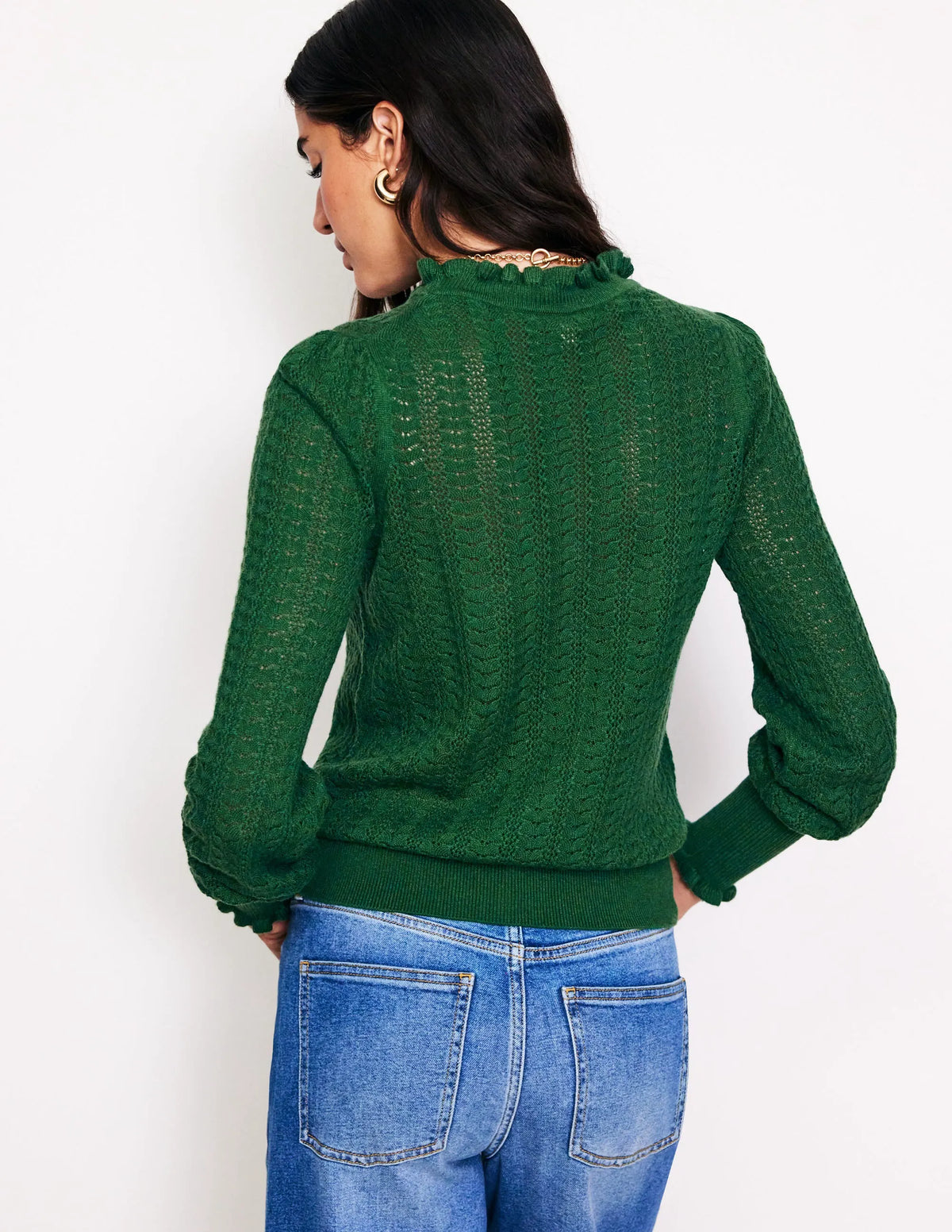 Tia Pointelle Frilled Sweater-Pine Green