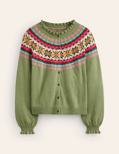 Fae Fair Isle Frilled Cardigan-Green