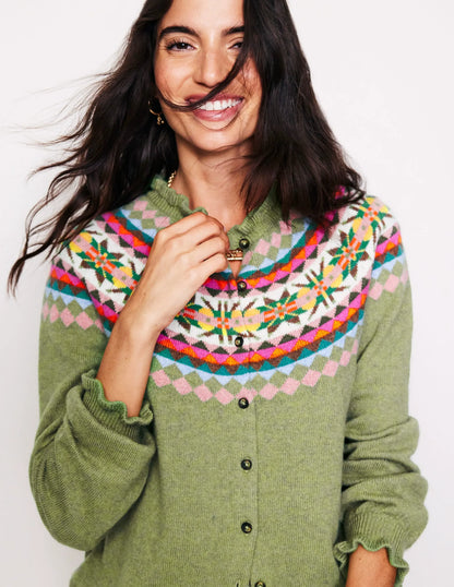 Fae Fair Isle Frilled Cardigan-Green