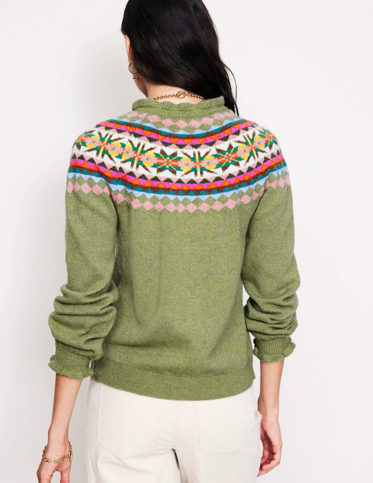 Fae Fair Isle Frilled Cardigan-Green