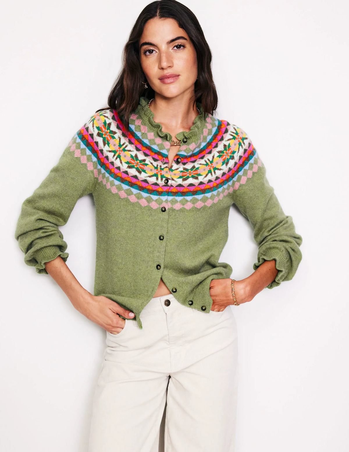 Fae Fair Isle Frilled Cardigan-Green