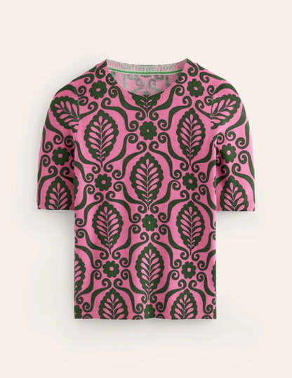 Eva Cashmere T-Shirt-Party Pink, Foliage Stamp