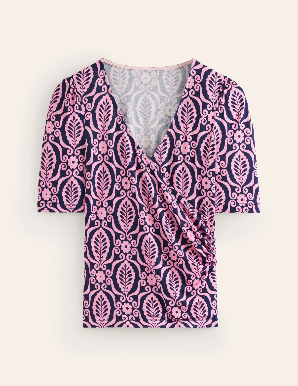 Wrap Front Jersey Top-Old Rose, Foliage Stamp