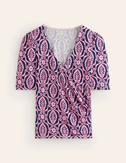 Wrap Front Jersey Top-Old Rose, Foliage Stamp