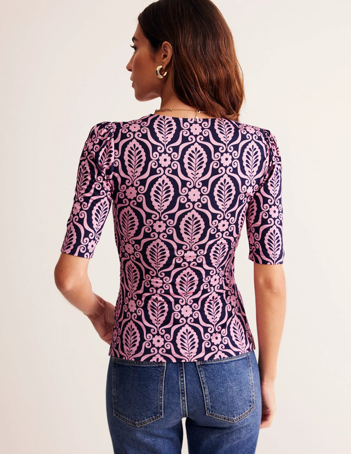 Wrap Front Jersey Top-Old Rose, Foliage Stamp
