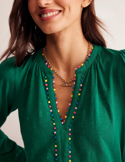Ali Long Sleeve Pom Top-Malachite