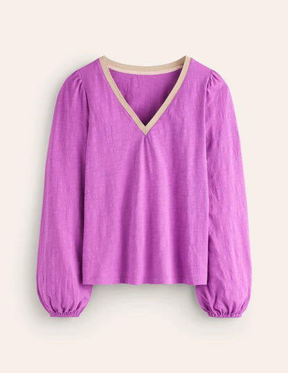 Metallic Trim Long Sleeve Top-Foxglove