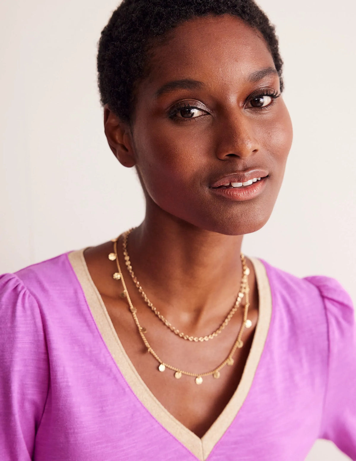Metallic Trim Long Sleeve Top-Foxglove