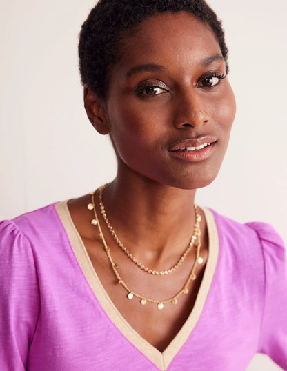 Metallic Trim Long Sleeve Top-Foxglove
