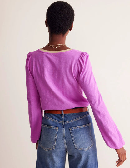 Metallic Trim Long Sleeve Top-Foxglove