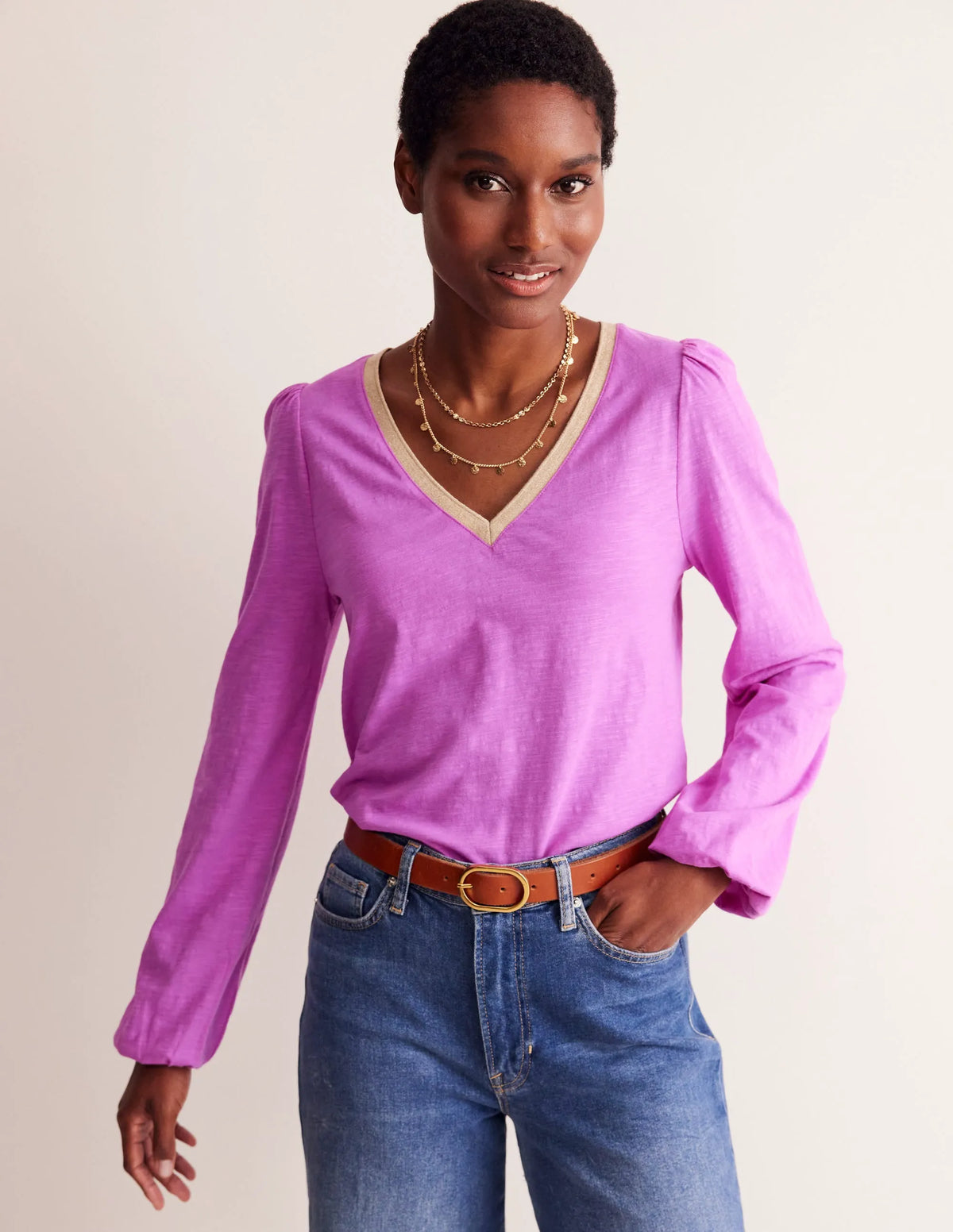 Metallic Trim Long Sleeve Top-Foxglove