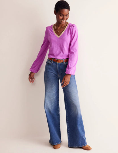 Metallic Trim Long Sleeve Top-Foxglove