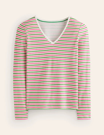 Anna Rib V-Neck T-Shirt-Green, Pink Stripe