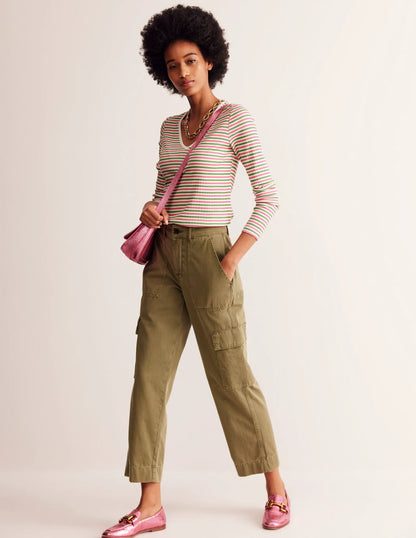 Anna Rib V-Neck T-Shirt-Green, Pink Stripe