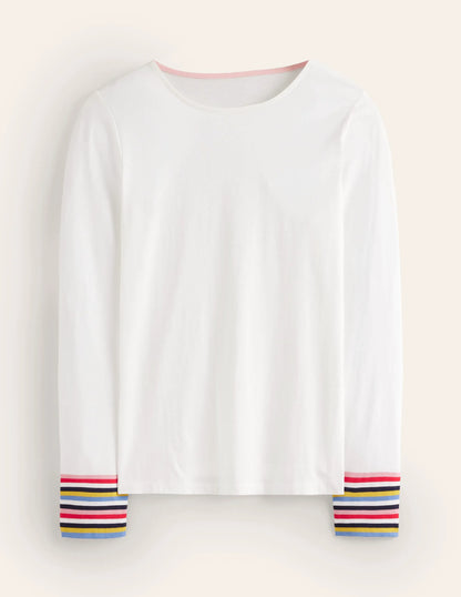 Supersoft Crew Neck Top-White Multi Stripe Cuff