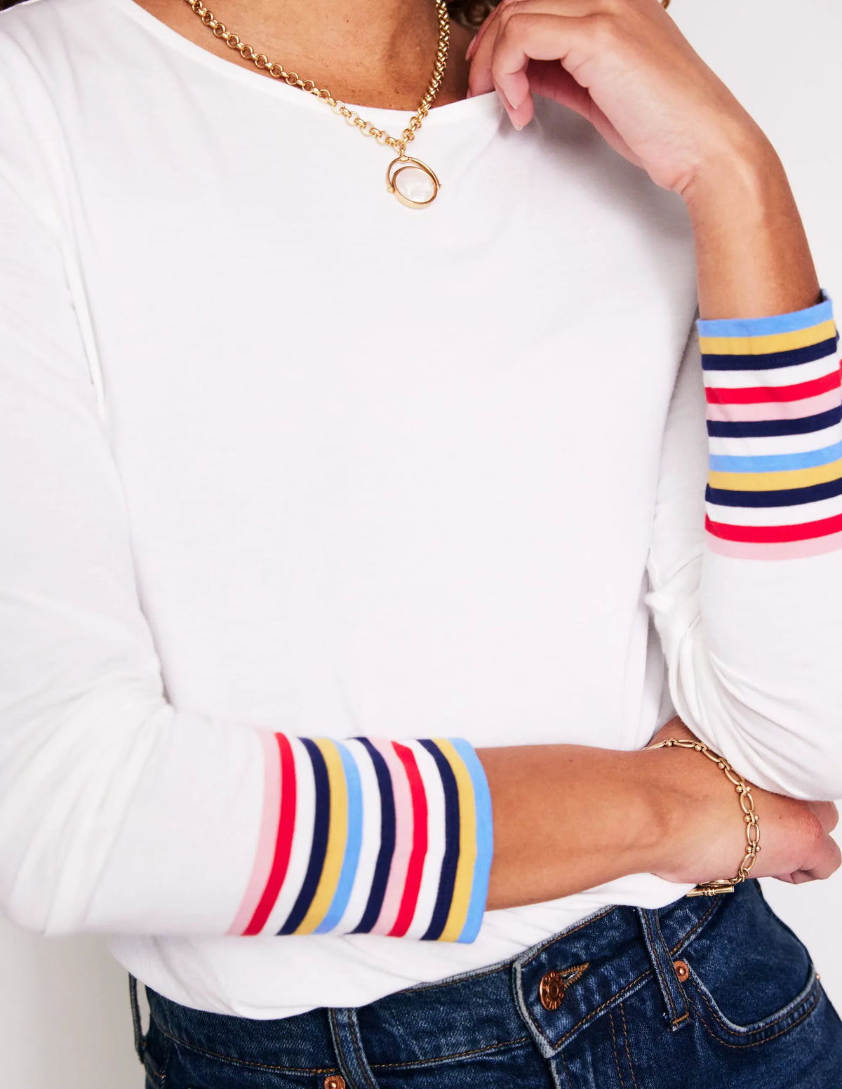 Supersoft Crew Neck Top-White Multi Stripe Cuff