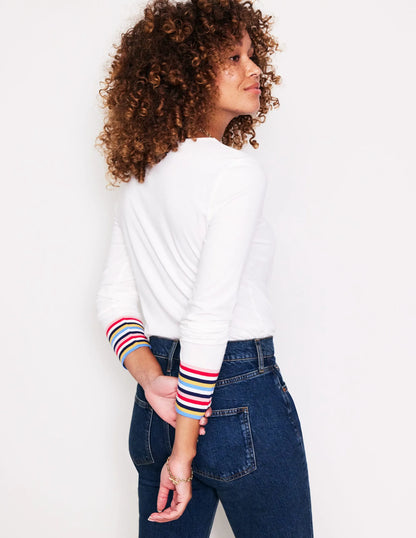 Supersoft Crew Neck Top-White Multi Stripe Cuff