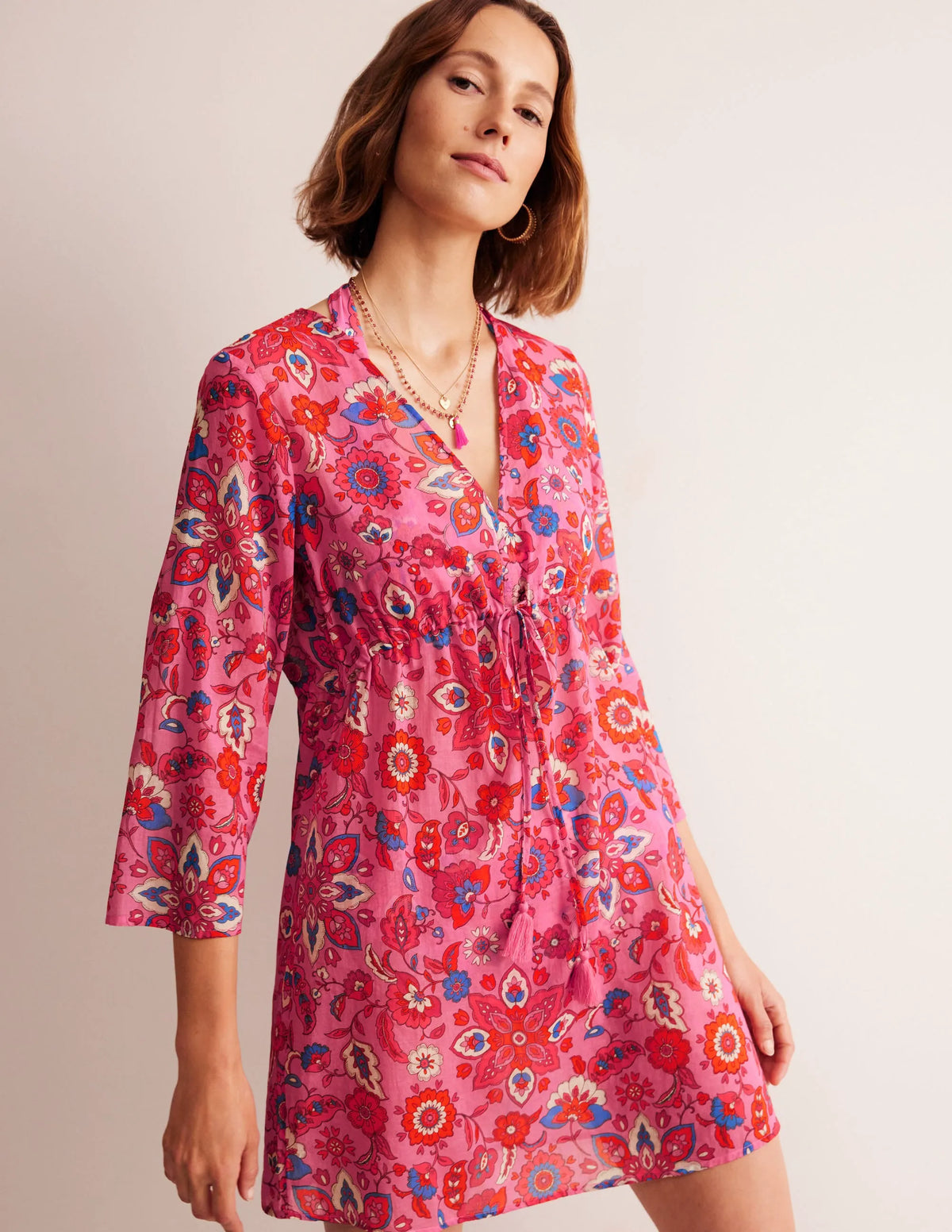 Cotton Beach Short Kaftan-Sangria Sunset, Botanical
