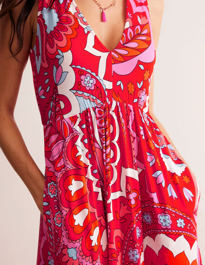 Sylvia Jersey Maxi Tier Dress-Flame Scarlet, Foliage Paisley