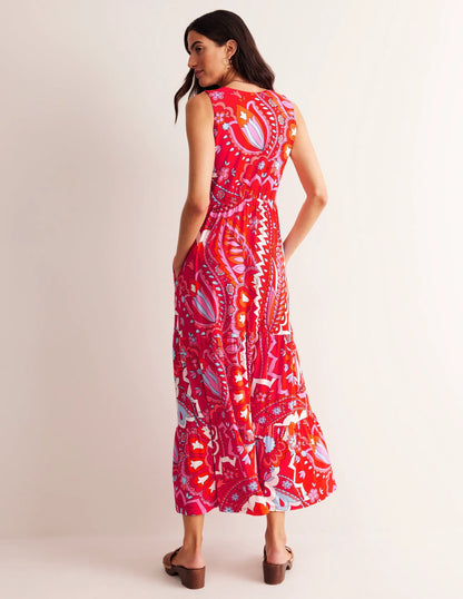 Sylvia Jersey Maxi Tier Dress-Flame Scarlet, Foliage Paisley