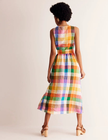 Linen Wrap Midi Dress-Bright Neon Multigingham