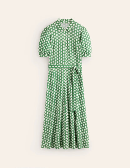Libby Jersey Midi Shirt Dress-Green, Honeycomb Geo