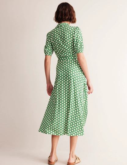 Libby Jersey Midi Shirt Dress-Green, Honeycomb Geo