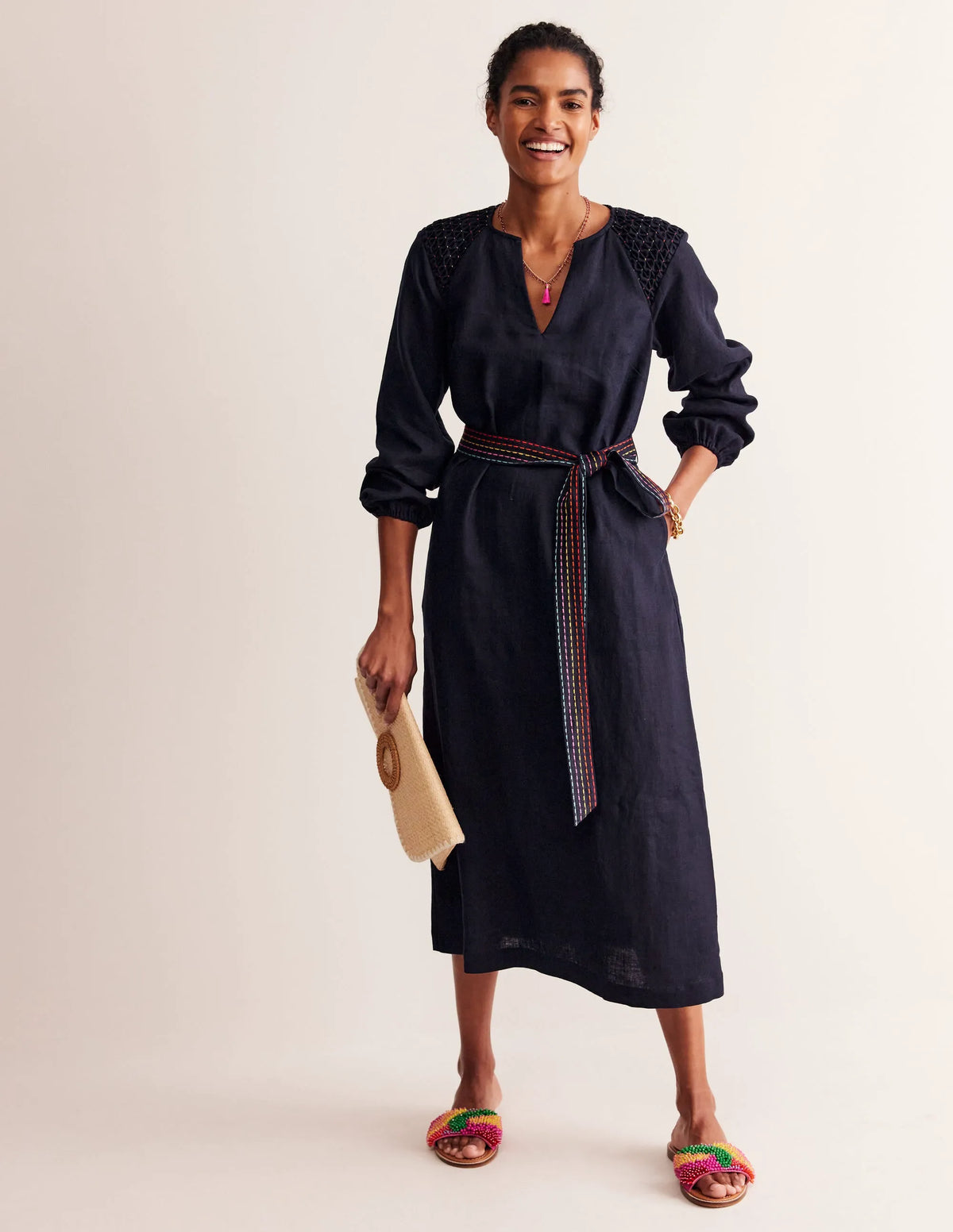 Linen Midi Smocked Dress-Navy