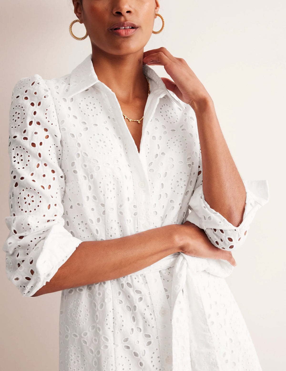 Kate Broderie Midi Shirt Dress-White