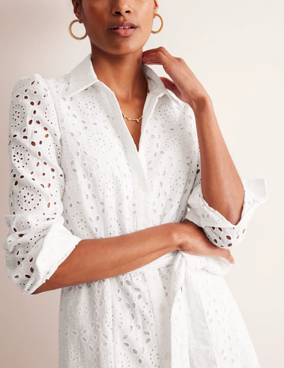 Kate Broderie Midi Shirt Dress-White