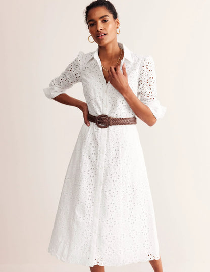 Kate Broderie Midi Shirt Dress-White