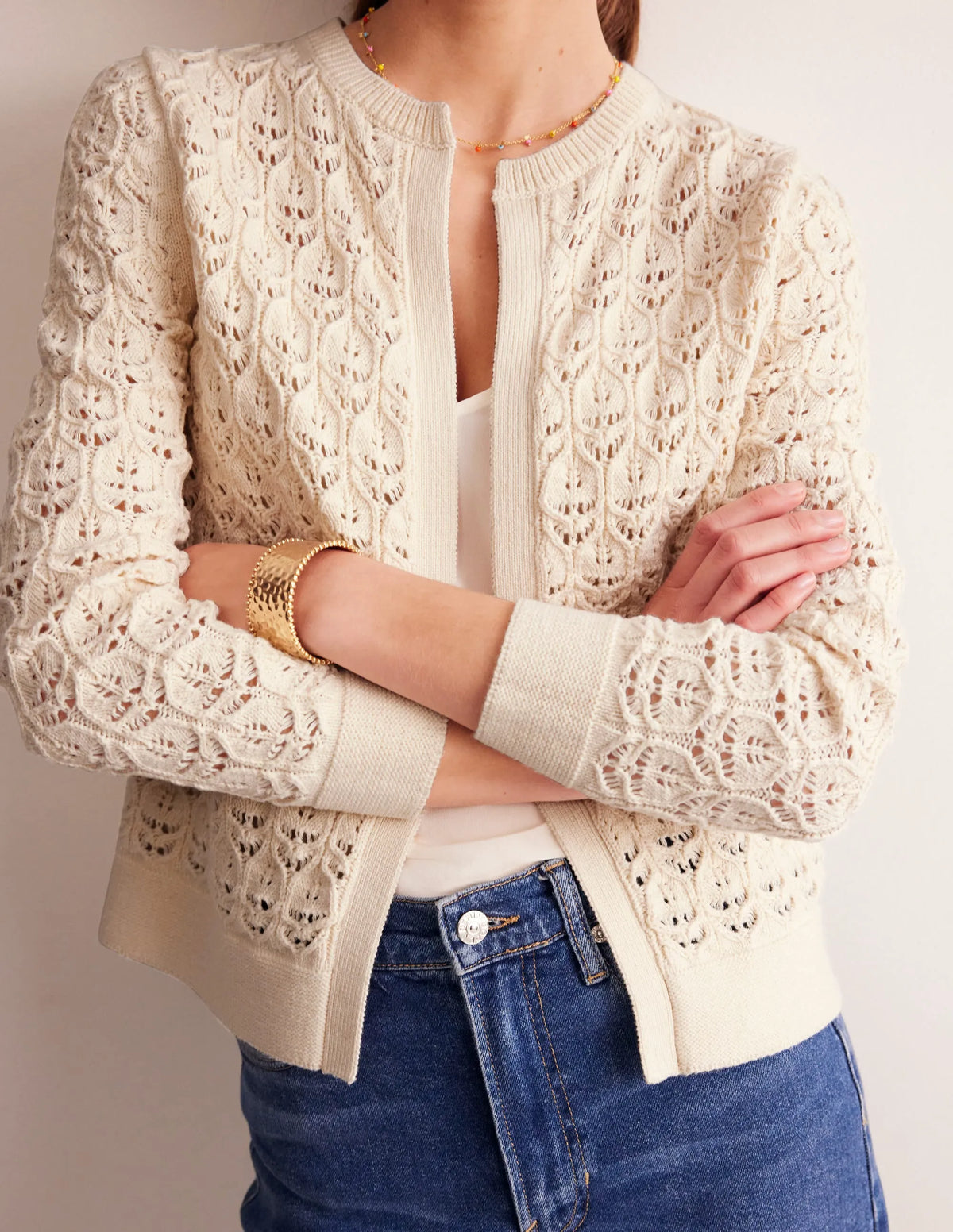 Crochet Knit Cardigan-Warm Ivory
